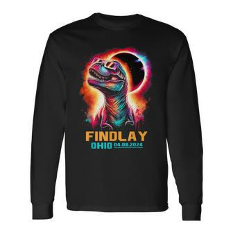 Findlay Ohio Total Solar Eclipse 2024 Dinosaur Colorful Long Sleeve T-Shirt - Monsterry