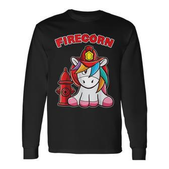 Firecorn Firefighter Unicorn With Red Fireman Helmet Fire Long Sleeve T-Shirt - Monsterry DE