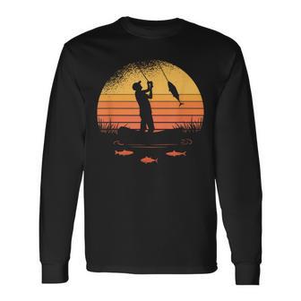 Fisherman Fisher Fishing Sunset Retro Vintage Long Sleeve T-Shirt - Monsterry