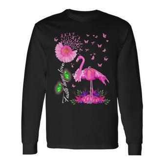 Flamingo Faith Hope Love Pink Pumpkin Ribbon Breast Cancer Long Sleeve T-Shirt - Monsterry