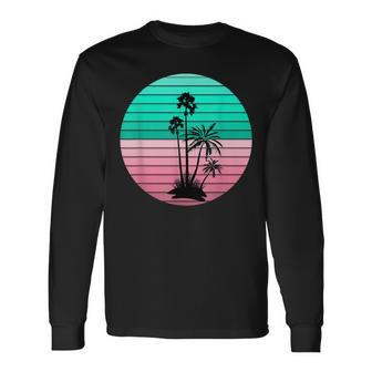 Flamingo Pink And Teal Palm Tree Sunset Long Sleeve T-Shirt - Monsterry