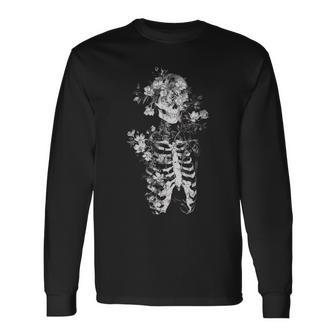 Floral Skeleton Flowers Goth Occult Death Dark Alt Aesthetic Long Sleeve T-Shirt - Seseable