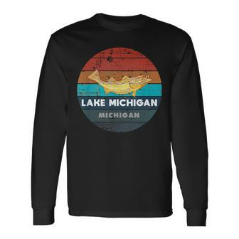 Flying Fishing Bass Salmon Fish Trout Lake Michigan Retro Long Sleeve T-Shirt - Monsterry