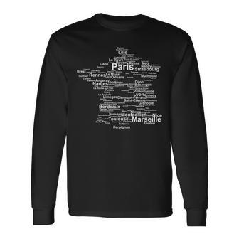 France Silhouette Map French Towns Cities Travel Europe Long Sleeve T-Shirt - Monsterry UK