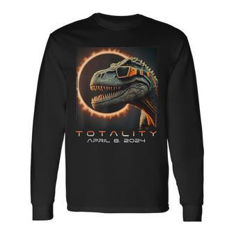 Fun Dinosaur T-Rex Totality April 8 2024 Total Solar Eclipse Long Sleeve T-Shirt | Mazezy
