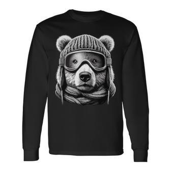 Bear With Ski Goggles And Knitted Hat Skiing Long Sleeve T-Shirt - Thegiftio UK