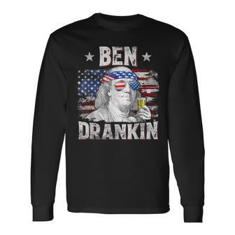 Ben Drankin 4Th Of July Usa Flag Drinking Beer Long Sleeve T-Shirt - Seseable