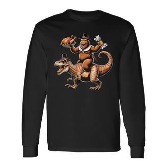 Bigfoot Riding T-Rex Vintage Thanksgiving Turkey Day Long Sleeve T-Shirt - Monsterry AU