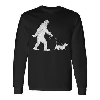 Bigfoot Sasquatch Walking Basset Hound Dog Lovers Long Sleeve T-Shirt - Monsterry