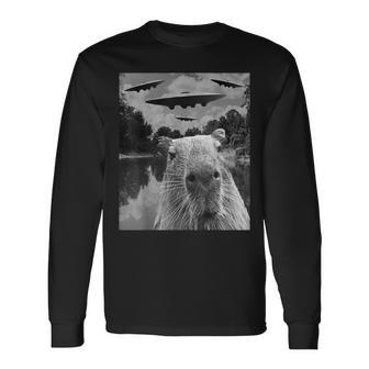 Graphic Capybara Selfie With Ufos Weird Long Sleeve T-Shirt - Seseable