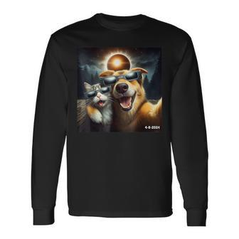 Cat And Dog Selfie With Solar 2024 Eclipse Wearing Long Sleeve T-Shirt - Seseable