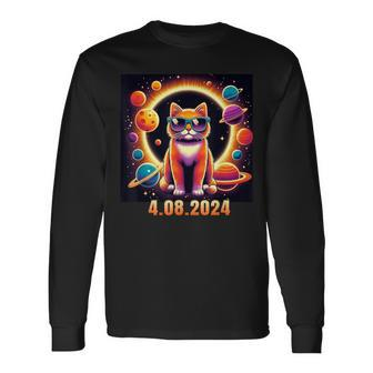 Cat With Glasses Solar Eclipse Long Sleeve T-Shirt | Mazezy