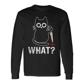 What Cat With Knife Graphic Long Sleeve T-Shirt - Seseable