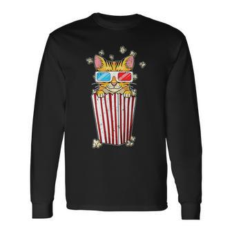 Cat Movies Pun Film Fan Movie Theater Popcorn Long Sleeve T-Shirt - Monsterry
