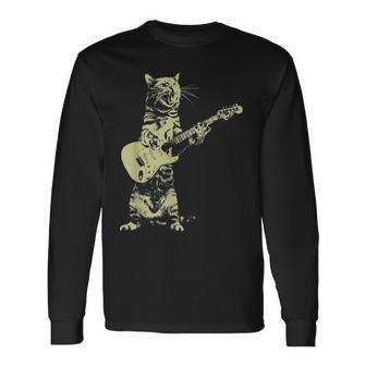 Cat Playing Guitar Guitarist Long Sleeve T-Shirt - Seseable
