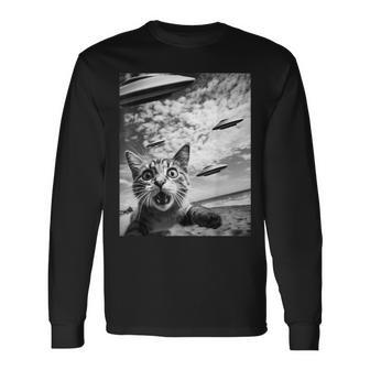Cat Selfie With Alien Ufos Long Sleeve T-Shirt - Monsterry