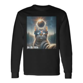Cat Taking A Selfie With Solar Eclipse April 08 2024 Long Sleeve T-Shirt | Mazezy