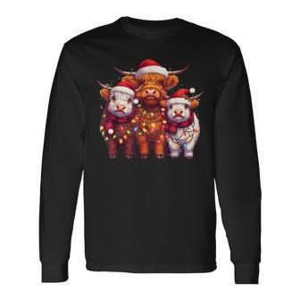 Christmas Cows Wearing Xmas Hat Light Cows Lover Farm Long Sleeve T-Shirt - Seseable