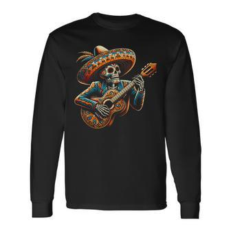 Cinco De Mayo Skeleton Skull Fiesta Sombreros Guitar Long Sleeve T-Shirt | Mazezy AU