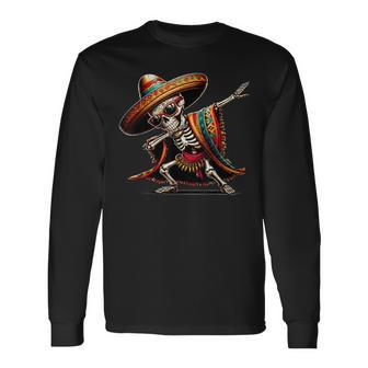 Dabbing Mexican Skeleton Poncho Cinco De Mayo Boys Men Long Sleeve T-Shirt - Monsterry
