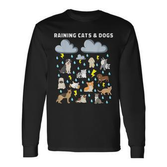 English Idiom Raining Cats And Dogs Puppies Kitten Long Sleeve T-Shirt - Seseable