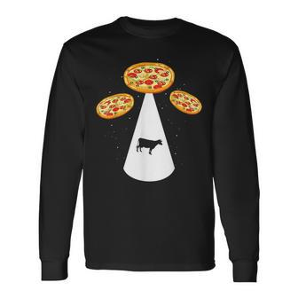 Farm Cow Abduction & Pizza Ufo Spaceship Pizza Long Sleeve T-Shirt - Monsterry