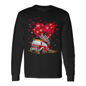 Fire Truck Lover Heart Shape Fire Truck Valentines Day Long Sleeve T-Shirt - Monsterry CA