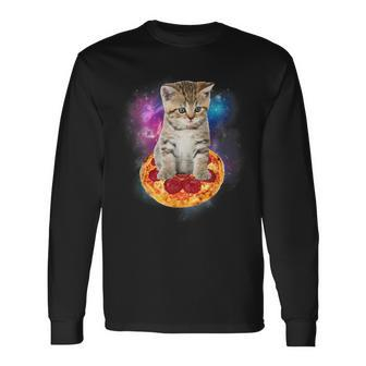Galaxy Cat In Space Cat Riding Pizza And Taco Lover Long Sleeve T-Shirt - Thegiftio UK