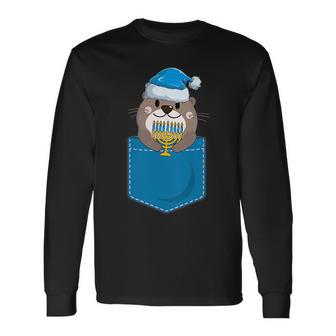 Jewish Otter Santa Menorah In Pocket Hanukkah Pajamas Long Sleeve T-Shirt - Seseable