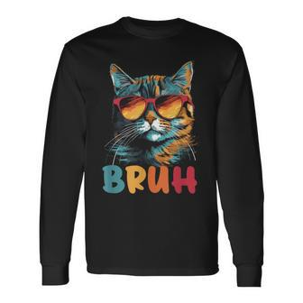 Meme Saying Bruh With Cat Greetings Ns Boys Men Long Sleeve T-Shirt - Seseable