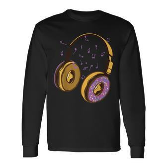 Music Notes And Bakery Sweets Donut Headphones Long Sleeve T-Shirt - Monsterry