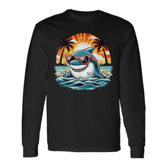 Retro Shark In Sunglasses 70S 80S 90S Cool Ocean Shark Long Sleeve T-Shirt - Seseable