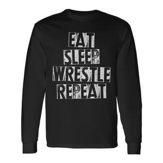 Vintage Wrestler Wrestling Eat Sleep Wrestle Repeat Long Sleeve T-Shirt - Monsterry UK