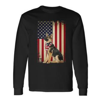 German Shepherd American Flag Independence 4Th Of July Long Sleeve T-Shirt - Monsterry