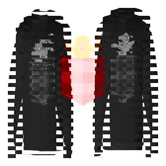Gingerbread Man In Pocket Plaid Buffalo Check Pattern Long Sleeve T-Shirt - Monsterry