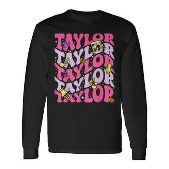 Girl Retro Taylor First Name Personalized Birthday Groovy Long Sleeve T-Shirt | Mazezy