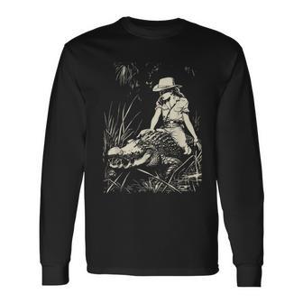 Girl Riding Alligator Weird Florida Crocodile Meme Long Sleeve T-Shirt - Monsterry