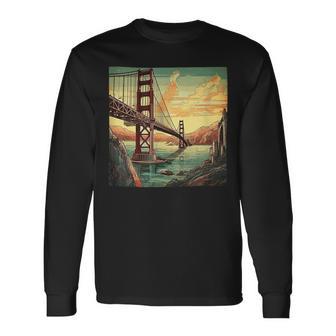 Golden Gate Bridge Sky Colorful Illustration Vintage Graphic Long Sleeve T-Shirt - Monsterry