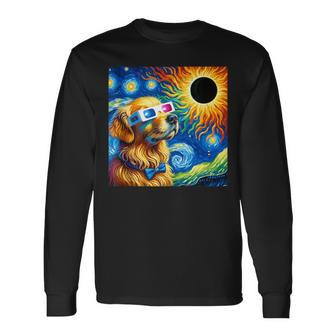 Golden Retriever Solar Eclipse 2024 Van Gogh Starry Night Long Sleeve T-Shirt - Monsterry AU