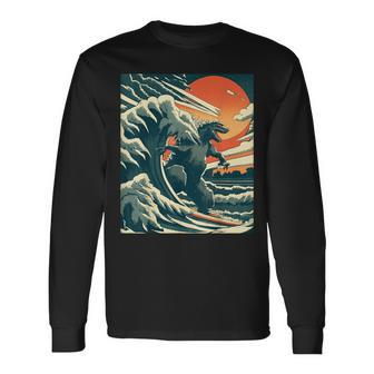 Great Monster Surfing Wave Off Kanagawa Japanese Kaiju Long Sleeve T-Shirt - Seseable