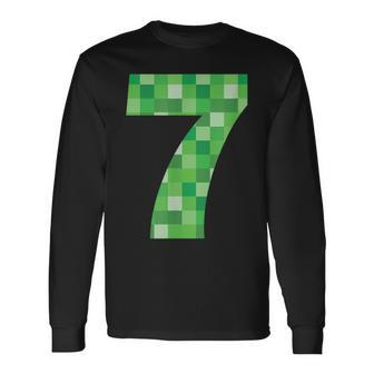 Green Pixel Number 7 7Th Birthday Gamer Number 7 Long Sleeve T-Shirt - Seseable