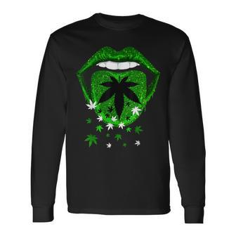 Green Sexy Lips Biting Cool Cannabis Marijuana Weed Pot Leaf Long Sleeve T-Shirt | Mazezy