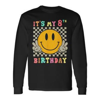 Groovy Hippie Smile Face It's My 8Th Birthday Happy 8 Year Long Sleeve T-Shirt - Thegiftio UK
