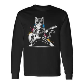 Guitar Cat Novelty Rock Music Band Concert Cat Long Sleeve T-Shirt - Seseable