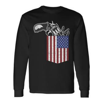 Gun In American Flag Pocket Patriotic 4Th Of July Long Sleeve T-Shirt - Monsterry DE