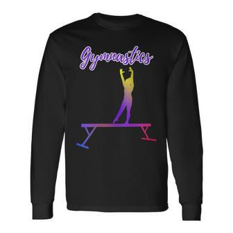 Gymnastics Balance Beam Purple Yellow Pink Ombre Long Sleeve T-Shirt - Monsterry