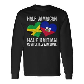 Half Jamaican Half Haitian Completely Awesome Heart Flag Long Sleeve T-Shirt - Monsterry