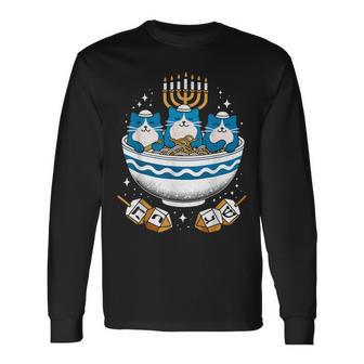 Hanukkah Jewish Cat Ramen Pajamas Hanukkah Pjs Long Sleeve T-Shirt - Thegiftio