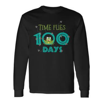 Happy 100Th Or 100 Days Of School Time Flies Frog Student Long Sleeve T-Shirt - Monsterry UK