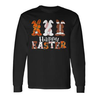 Happy Easter Baseball Football Basketball Bunny Rabbit Boys Long Sleeve T-Shirt | Mazezy